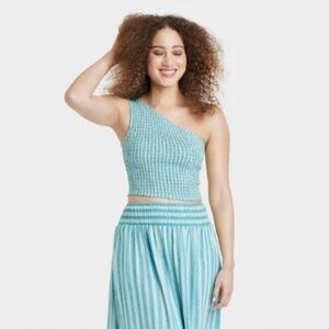 A New Day One Shoulder smocked blue stripe Tank Top